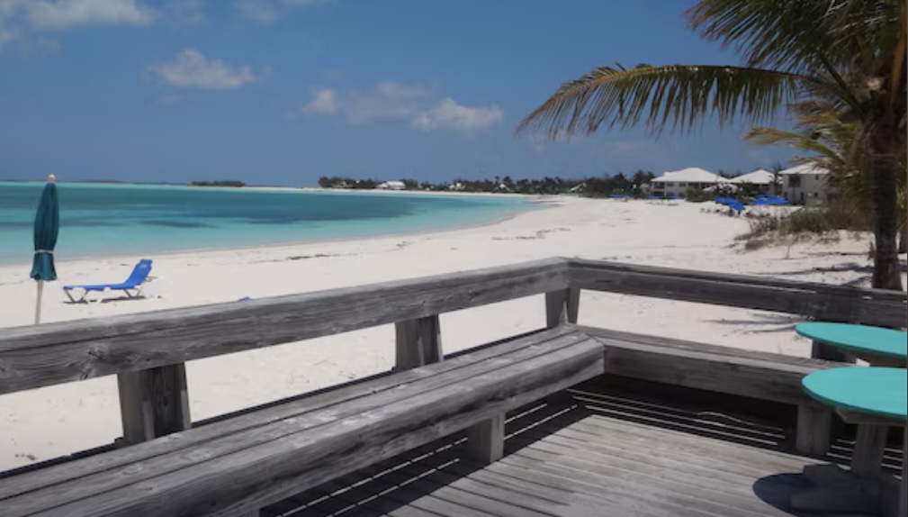 Wooden beach deck overlooking Treasure Cay Beach