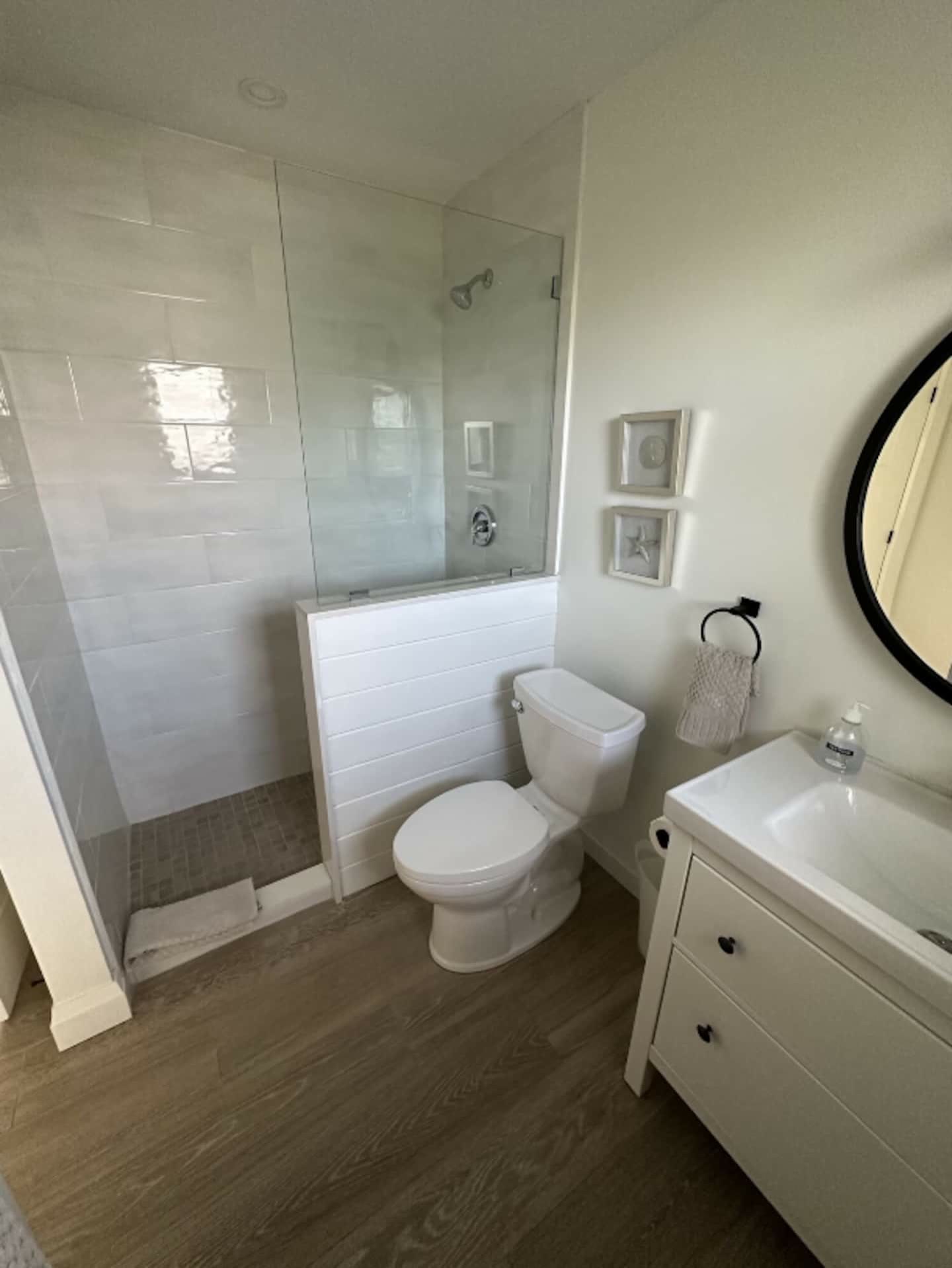 Renovated bathroom with walk-in shower